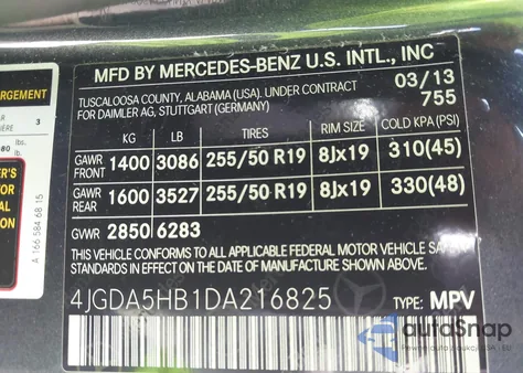 2013 Mercedes-Benz Ml 350 4Matic из США, поврежденный, VIN 4JGDA5HB1DA216825